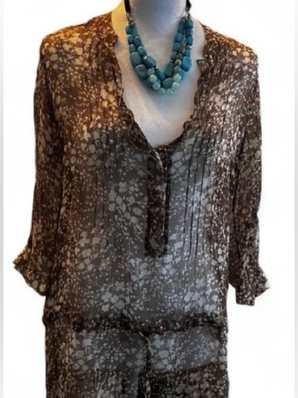 High End French Designer Gerard Darel Sheer Brown Floral-Print V-Neck Tunic